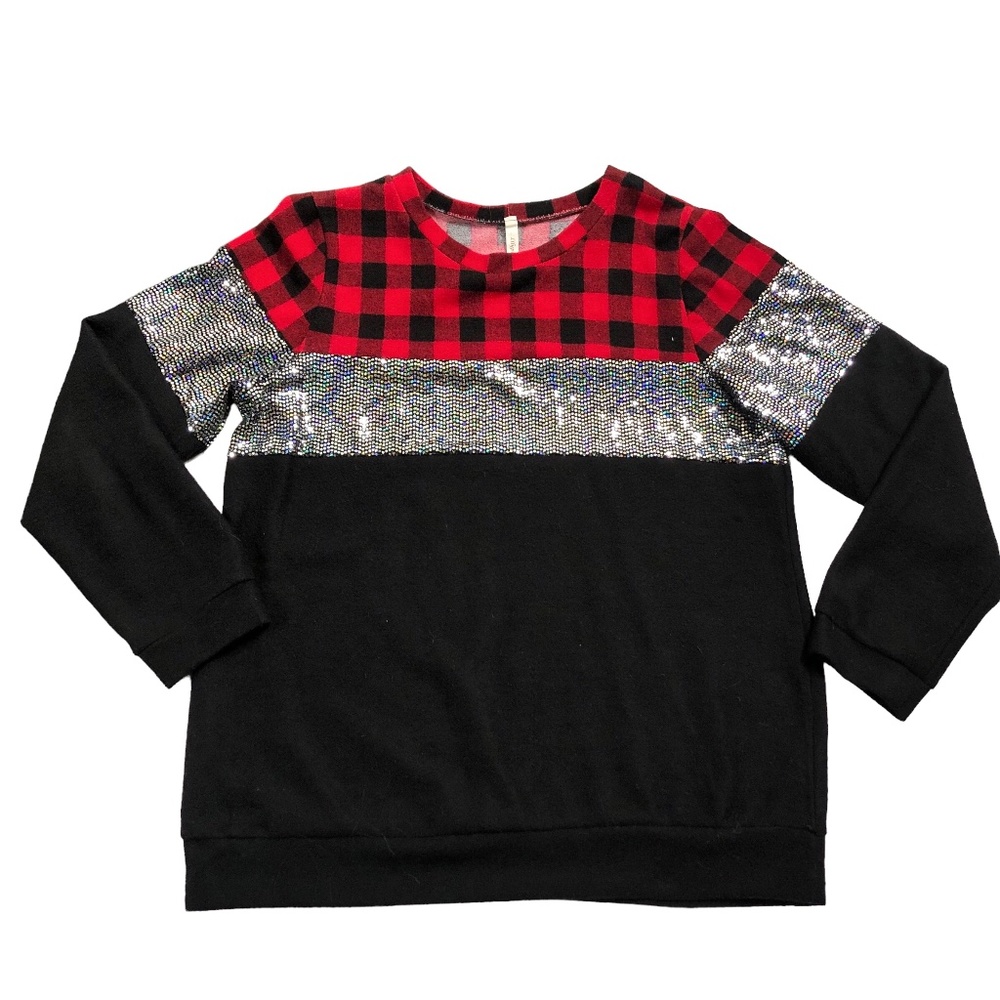 Lilypad Black & Red Buffalo Check & Sequin Sweatshirt Style Top XL